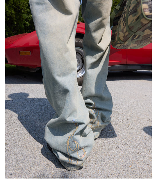 S45 Flame Sequined Embroidery Washed Jeans | Face 3 Face