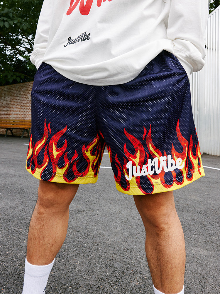 JUST VIBE Flame Mesh Basketball Shorts | Face 3 Face