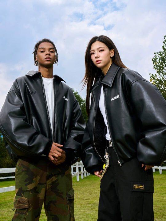 AFGK Embroidered Leather Short Bomber Jacket | Face 3 Face