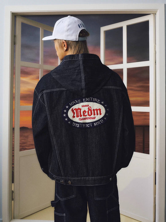 MEDM Embroidered Patch Hooded Zip Up Denim Jacket | Face 3 Face