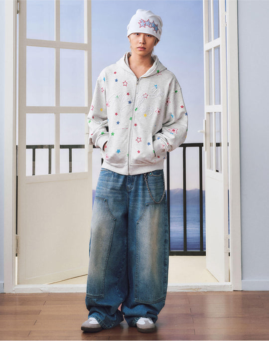 MEDM All Over Colorful Star Print Zip Up Hoodie | Face 3 Face