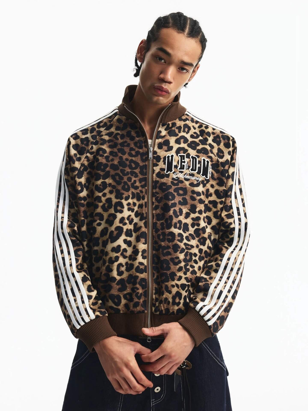 MEDM Leopard Print Stripe Sleeve Track Jacket | Face 3 Face