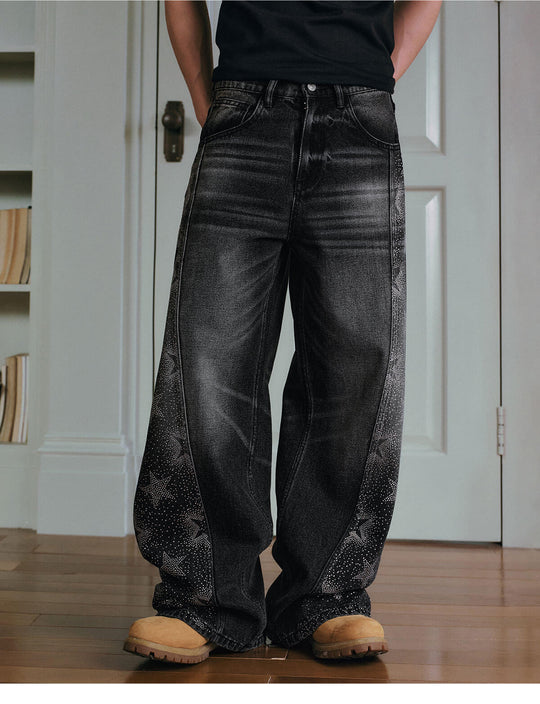 MEDM Rhinestone Star Washed Baggy Jeans | Face 3 Face