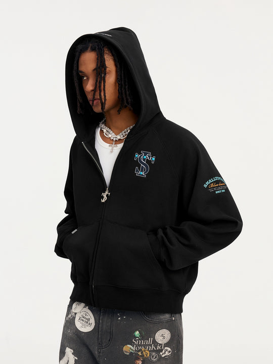 Small Town Kid Turquoise Studded Badge Embroidered Zip-Up Hoodie | Face 3 Face