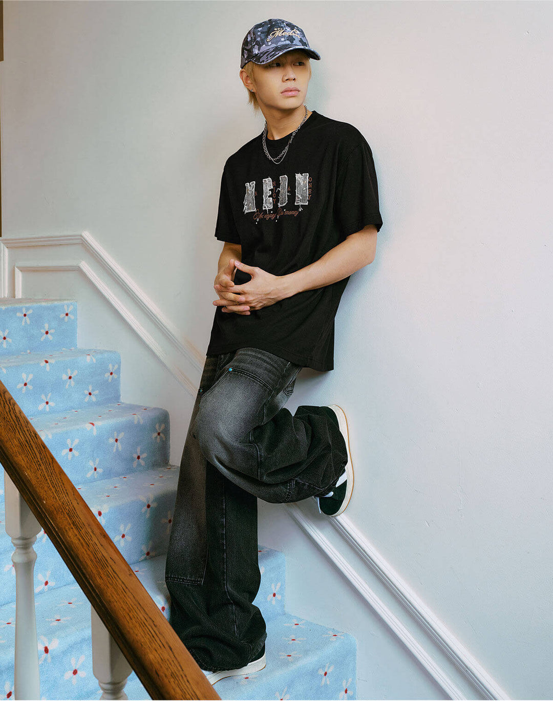 MEDM Distressed Denim Logo Patch Studded Short Sleeve Tee | Face 3 Face