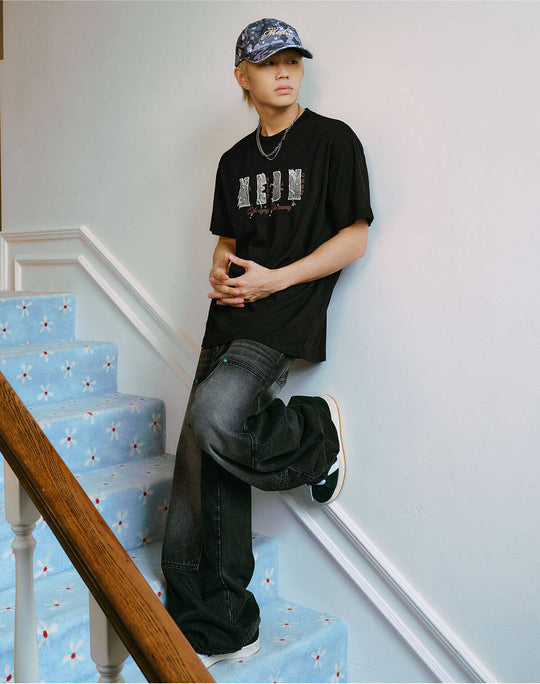 MEDM Distressed Denim Logo Patch Studded Short Sleeve Tee | Face 3 Face