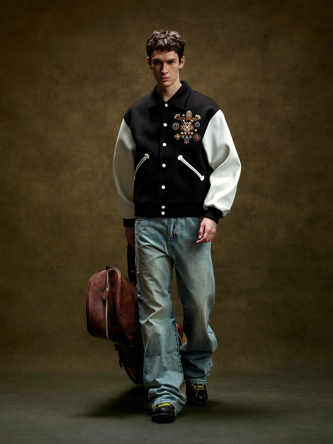 YADcrew Colorful Gemstone Cross Varsity Jacket | Face 3 Face