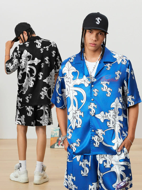 Small Town Kid Monogram Cross Logo Satin Cuban Shirt Set | Face 3 Face