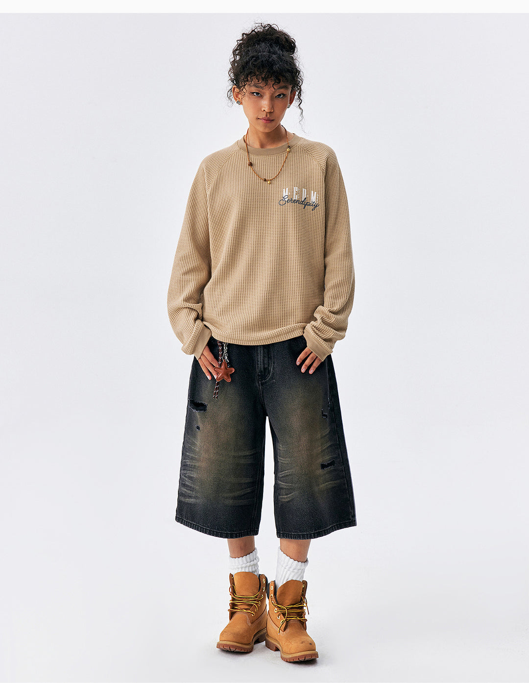 MEDM Logo Embroidered Print Waffle Long Sleeve Tee | Face 3 Face