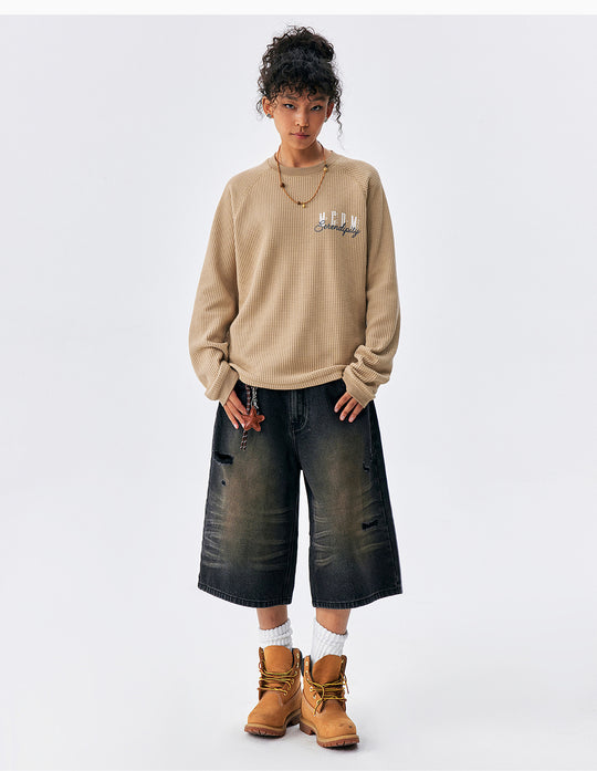 MEDM Logo Embroidered Print Waffle Long Sleeve Tee | Face 3 Face