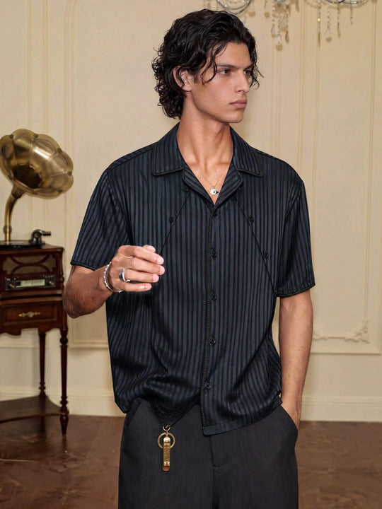YADcrew Shiny Satin Striped Short Sleeve Shirt | Face 3 Face