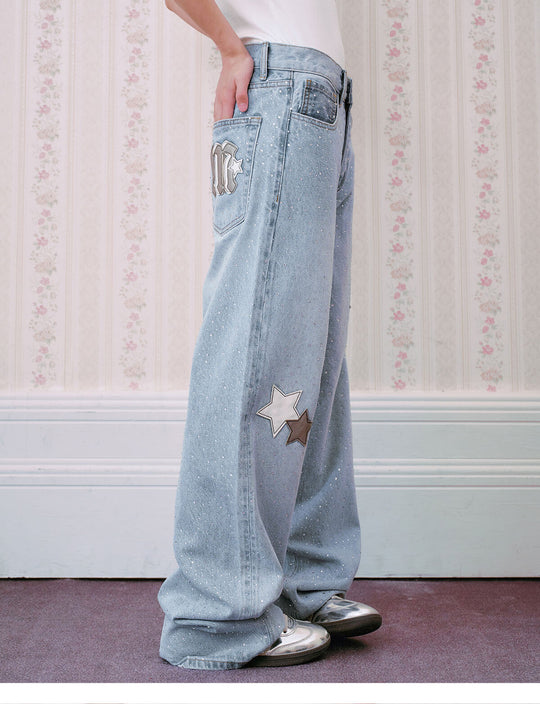 MEDM All Over Rhinestone Star Patch Jeans | Face 3 Face