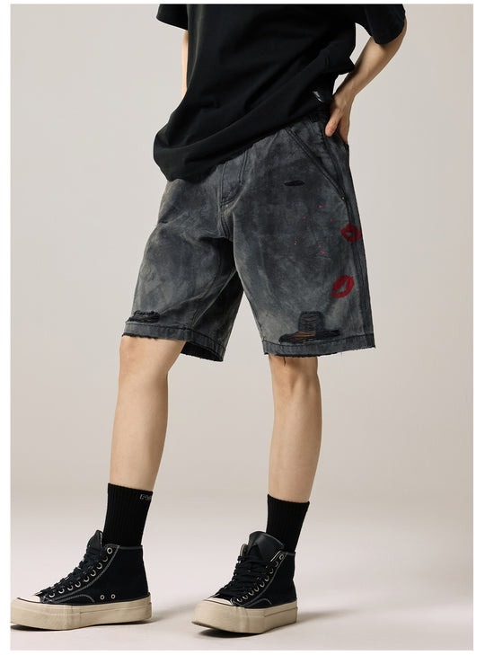 Remedy Kiss Mark Distressed Hole Work Painter Shorts | Face 3 Face