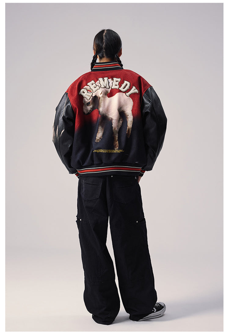 Remedy Sheep Full Print Pearl Embroidered Varsity Jacket | Face 3 Face