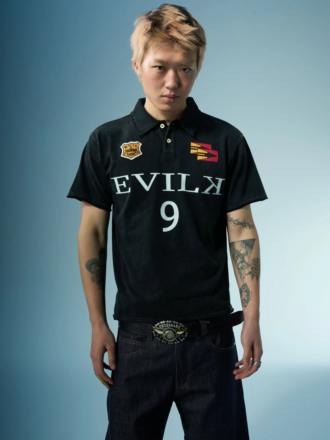 EVILKNIGHT(EK) Embroidered and Logo Printed Washed Polo | Face 3 Face