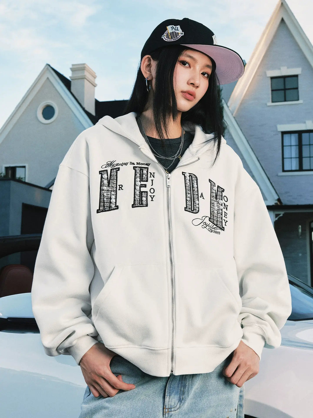 MEDM Pearl Logo Embellished Zip Up Hoodie | Face 3 Face