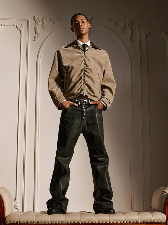 YADcrew Pleated Front Velvet PU Leather Jacket | Face 3 Face