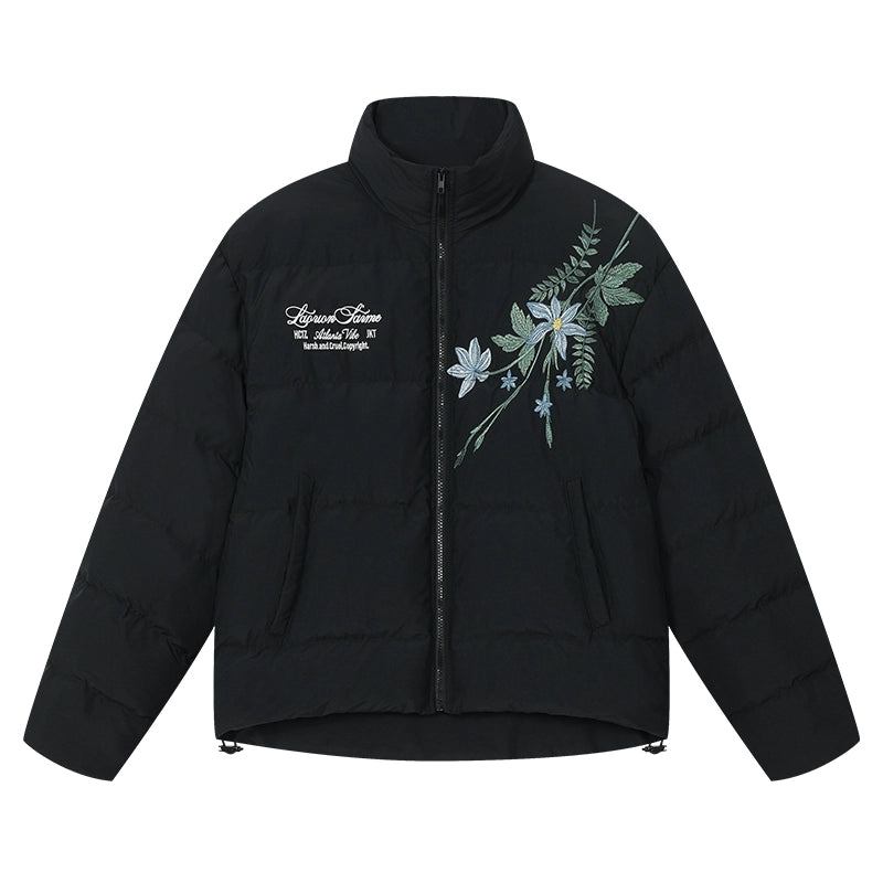 Harsh and Cruel Blue Flower Embroidery Puffer Jacket | Face 3 Face