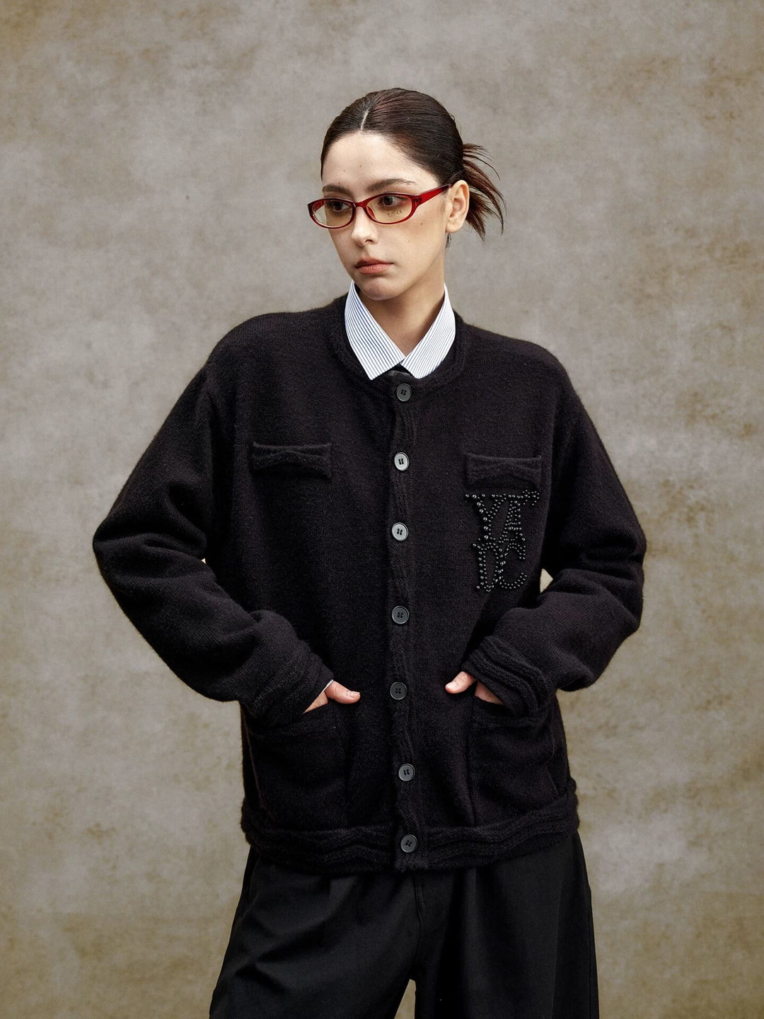 YADcrew Pearl Embellished Jacquard Knit Crew Neck Cardigan | Face 3 Face