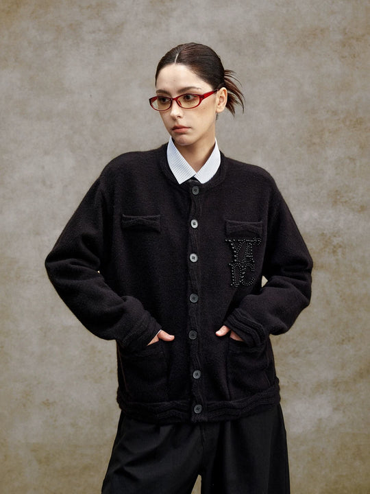 YADcrew Pearl Embellished Jacquard Knit Crew Neck Cardigan | Face 3 Face