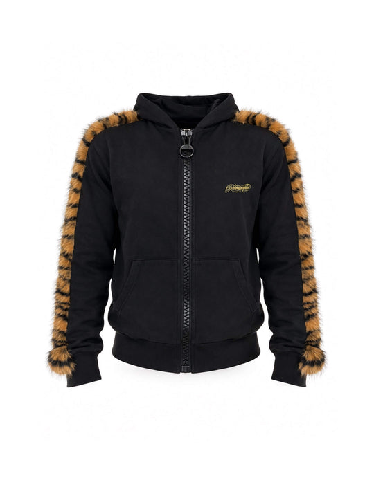 KARMANISTIC Tiger and Leopard Faux Fur Stripe Zip Up Hoodie | Face 3 Face