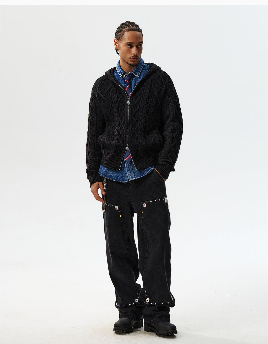MEDM Hooded Cable Knit Zip Up Cardigan | Face 3 Face