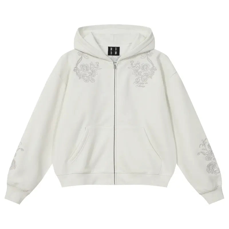 MEDM Patterned Flower Embroidered Zip Up Hoodie | Face 3 Face