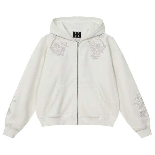 MEDM Patterned Flower Embroidered Zip Up Hoodie | Face 3 Face