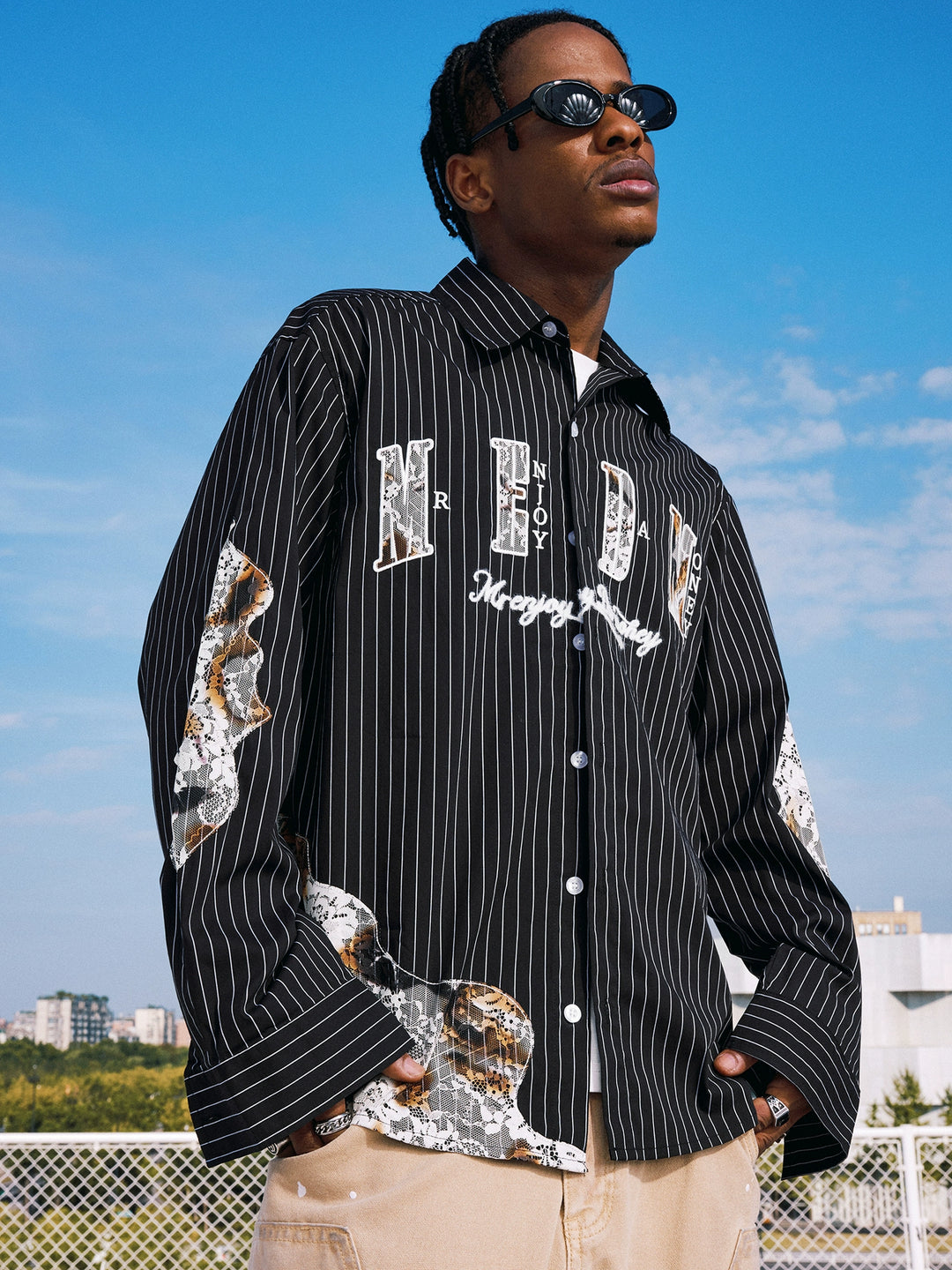 MEDM Lace Embroidered Striped Long Sleeve Shirt | Face 3 Face