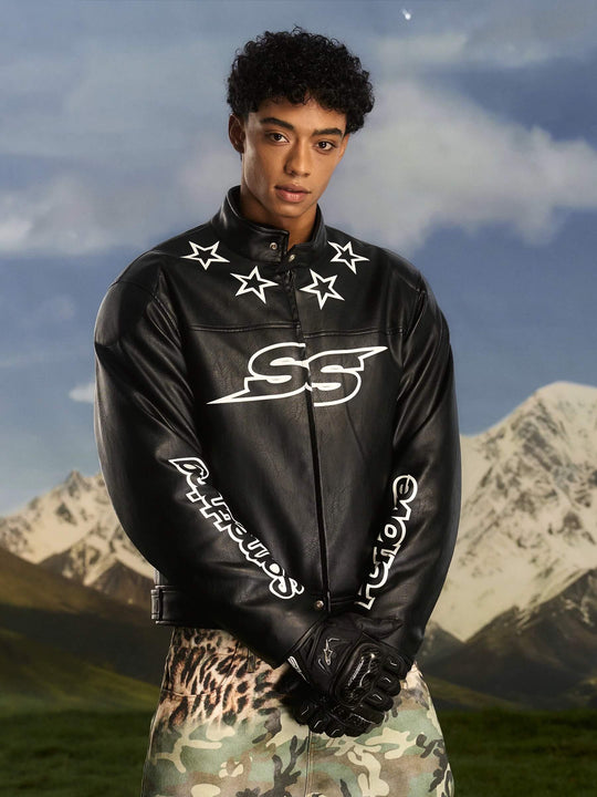 S45 Star Print PU Leather Leopard Lined Biker Jacket | Face 3 Face