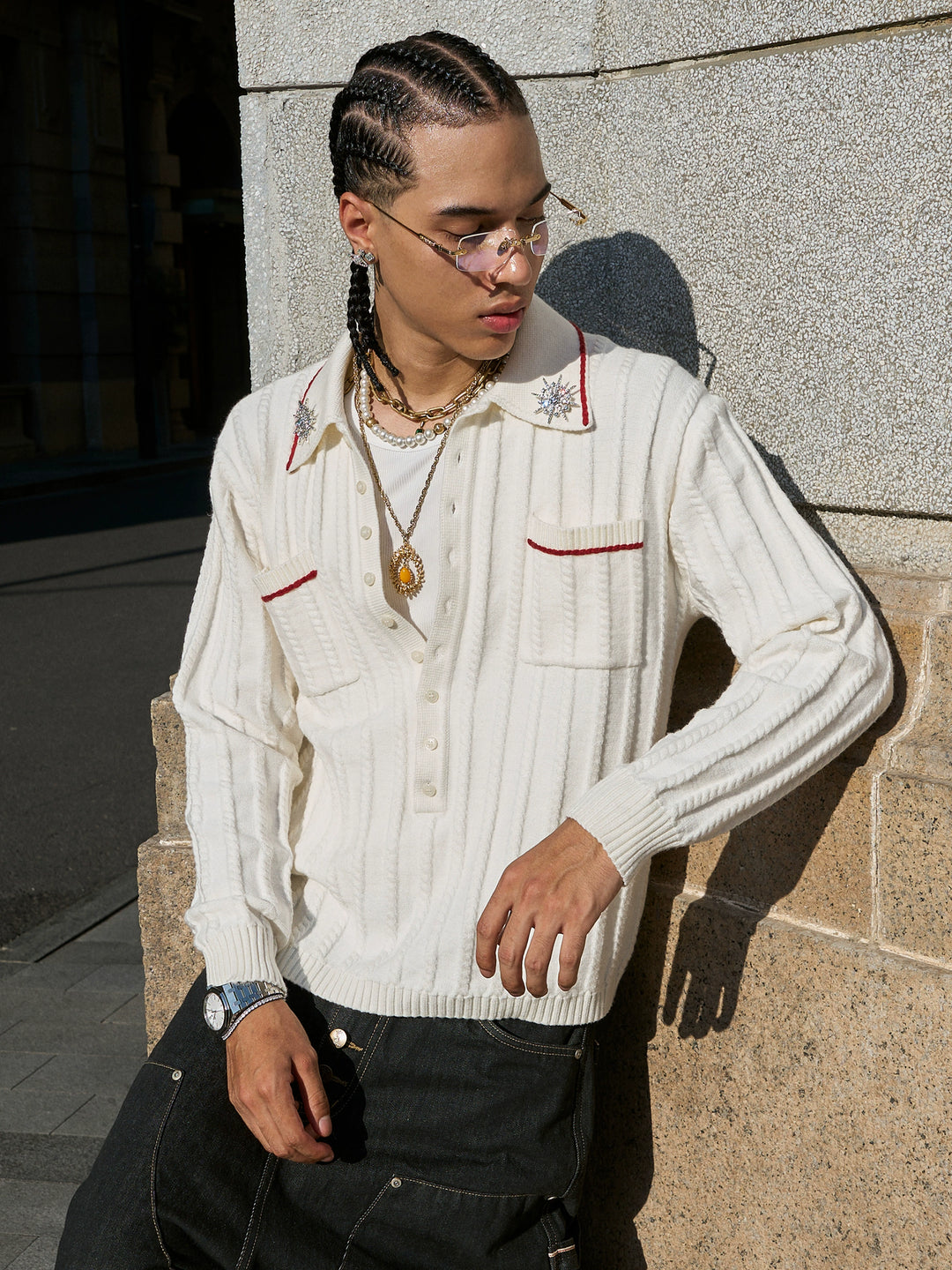 STEEPC Twisted Stripe Polo Knit Sweater | Face 3 Face