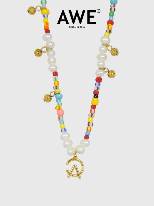 AWE AE Word Charm Color Beaded Pearl Necklace | Face 3 Face