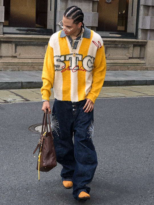 STEEPC Vertical Stripe Brushed Knit Polo Sweater | Face 3 Face