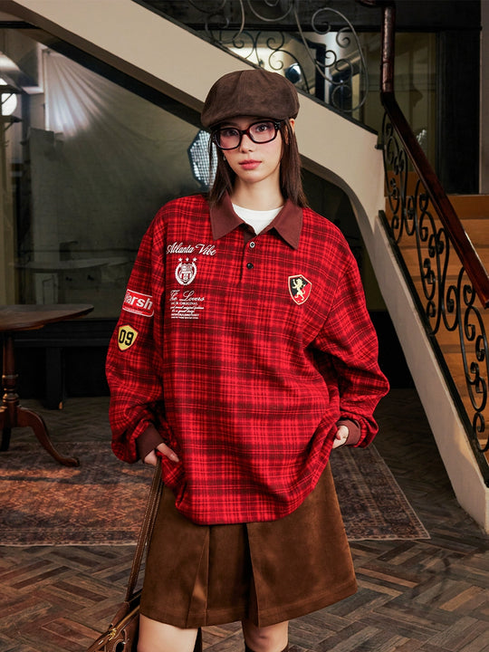 Harsh and Cruel Brushed Tartan Badge Embroidered Long Sleeve Polo | Face 3 Face