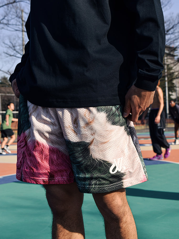 JUST VIBE Plush Texture Print Mesh Basketball Shorts | Face 3 Face