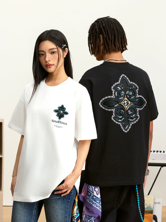 Small Town Kid Cross Pearl Sequin Beaded Embroidery Tee | Face 3 Face