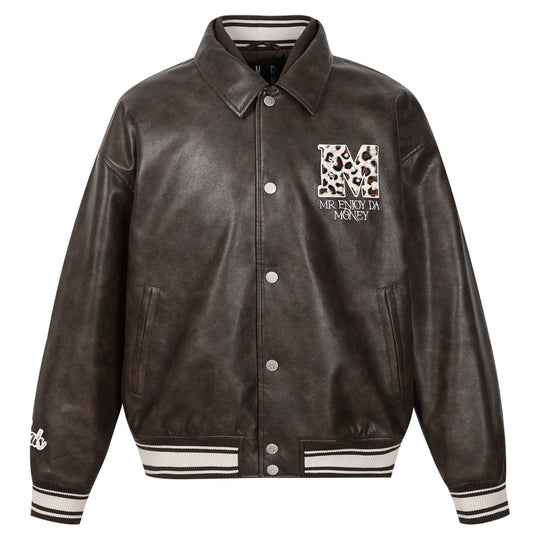 MEDM Leopard Patch Pearl PU Leather Varsity Jacket | Face 3 Face