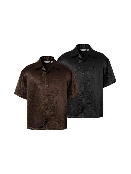 YADcrew Satin Embroidered Cuban Collar Short Sleeve Shirt | Face 3 Face
