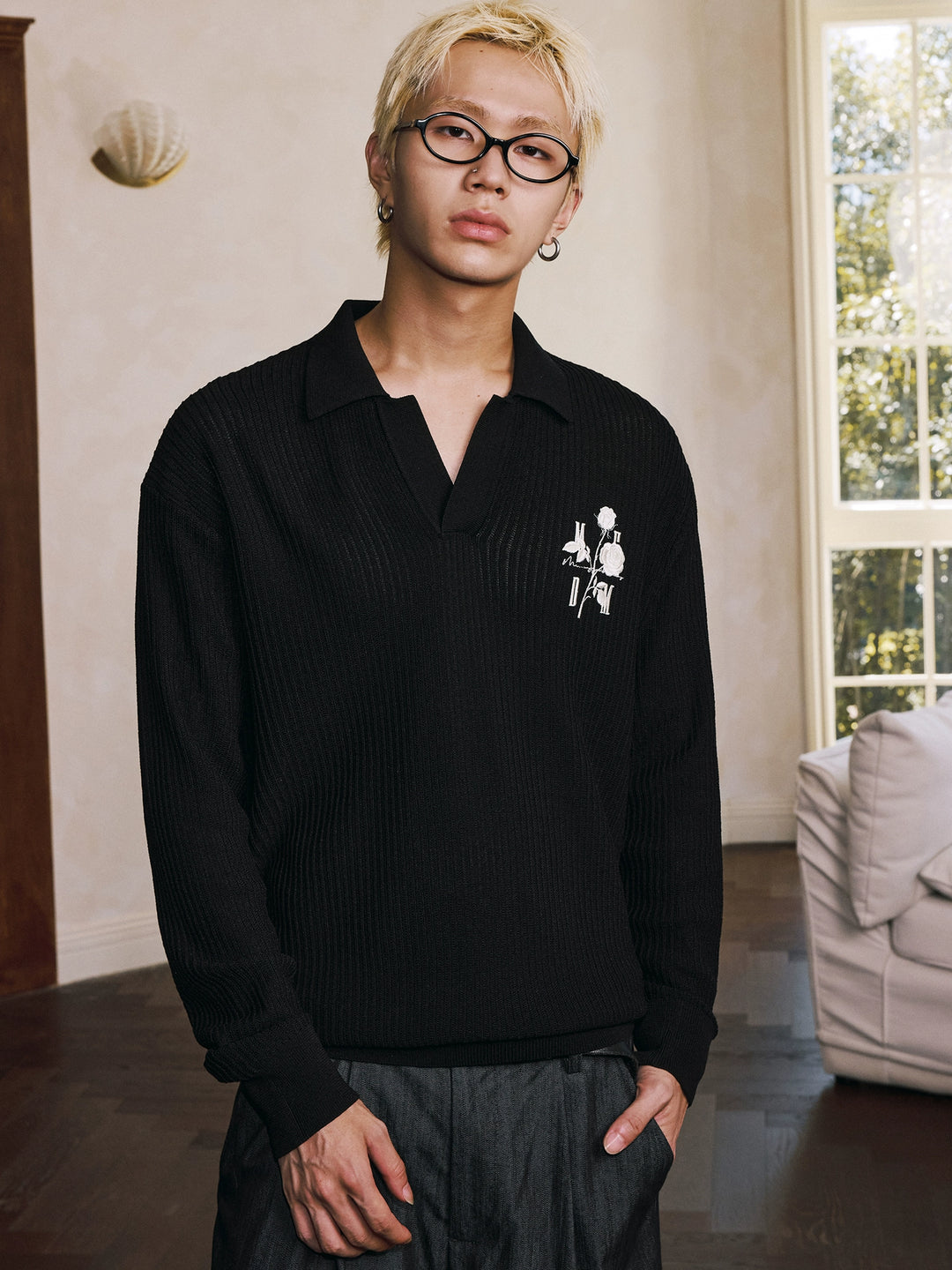 MEDM Rose Embroidered Textured Stripe Knit Long Sleeve Polo | Face 3 Face