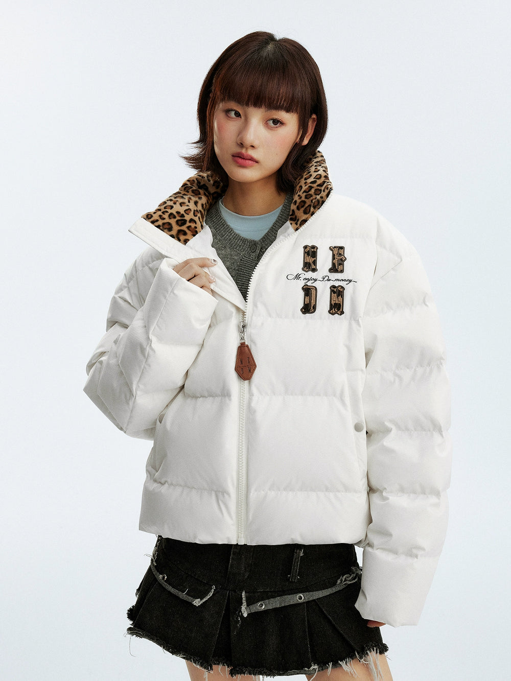 MEDM Leopard Collar Logo Patch Down Jacket | Face 3 Face