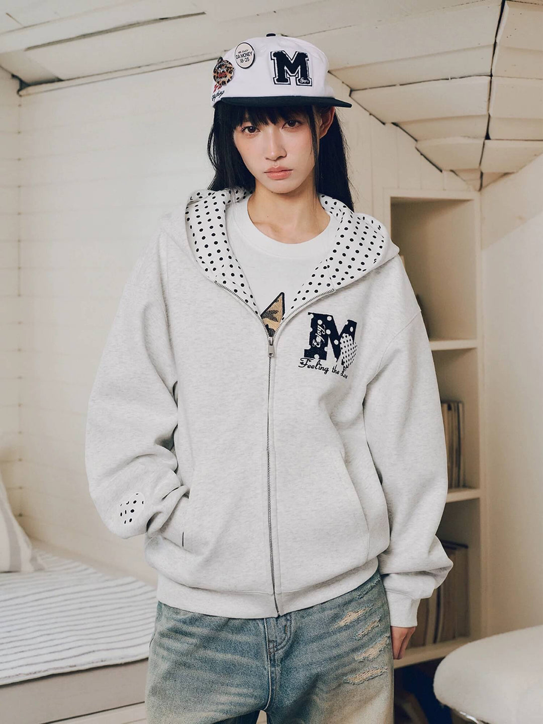 MEDM Polka Dot Hood Lining Heart Logo Zip Up Hoodie | Face 3 Face