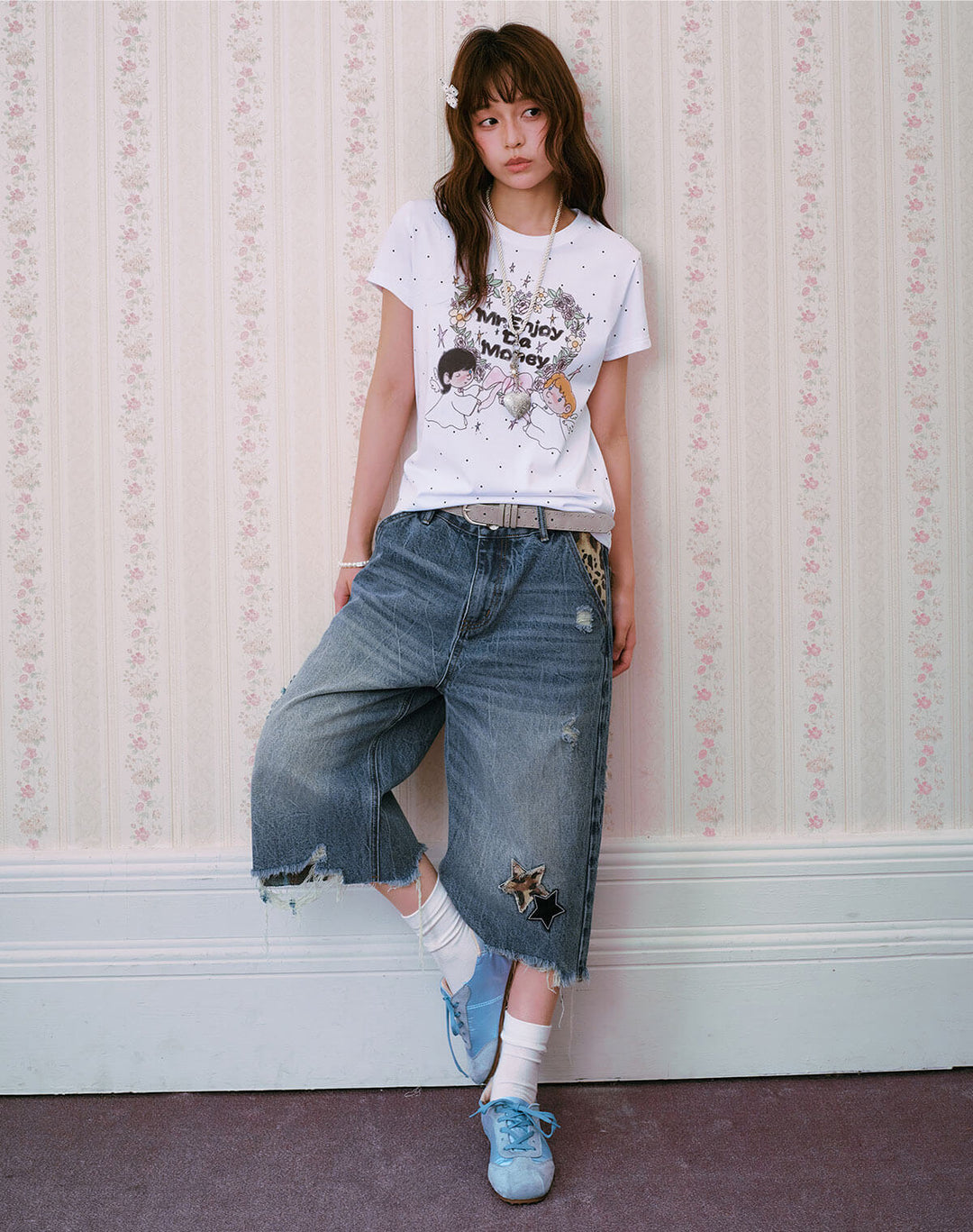 MEDM Leopard Print Star Patch Cutoff Denim Shorts | Face 3 Face