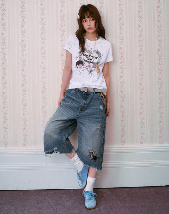 MEDM Leopard Print Star Patch Cutoff Denim Shorts | Face 3 Face