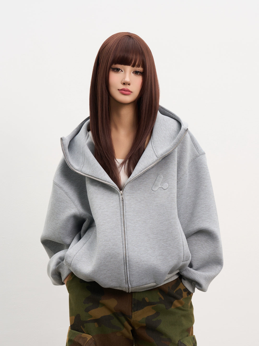 AFGK Air Layer High Collar Embroidered Oversized Zip-Up Hoodie | Face 3 Face