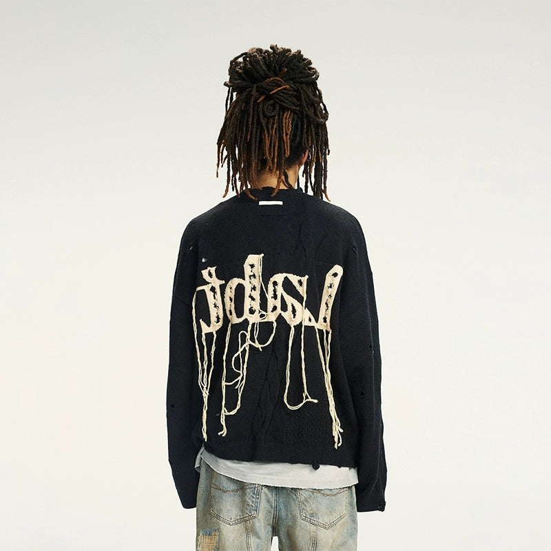 Labt Fringe Lanyard Logo Distressed Knit Sweater | Face 3 Face