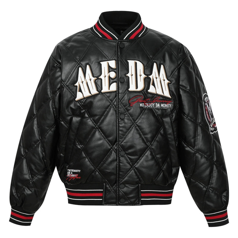 MEDM Diamond Quilted PU Leather Varsity Jacket | Face 3 Face
