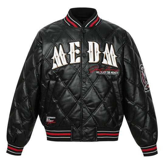 MEDM Diamond Quilted PU Leather Varsity Jacket | Face 3 Face
