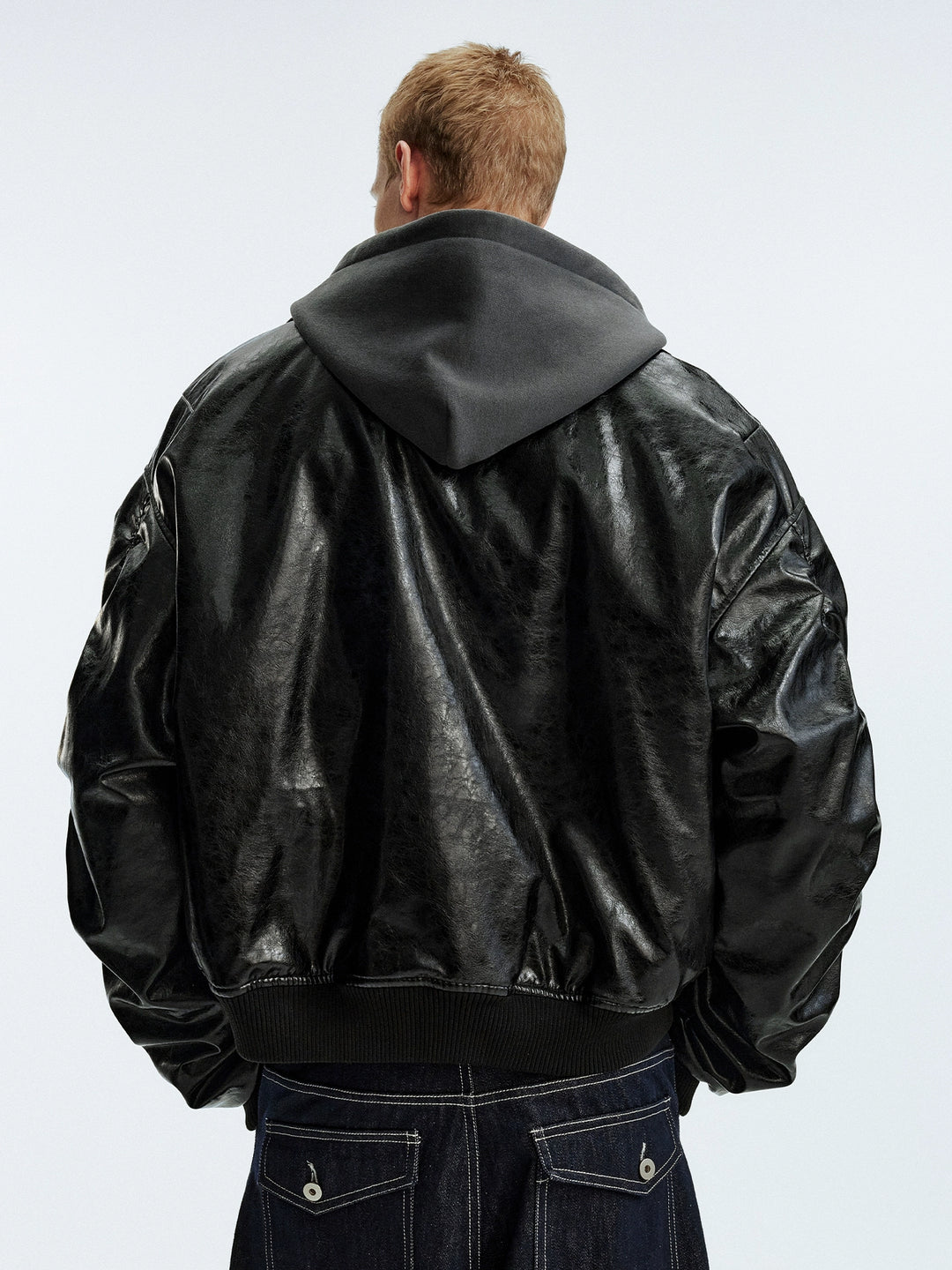MEDM Layered Hood PU Leather Bomber Jacket | Face 3 Face