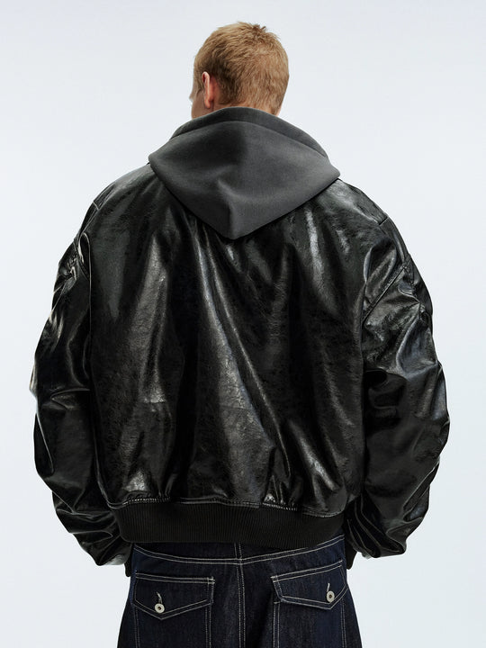 MEDM Layered Hood PU Leather Bomber Jacket | Face 3 Face