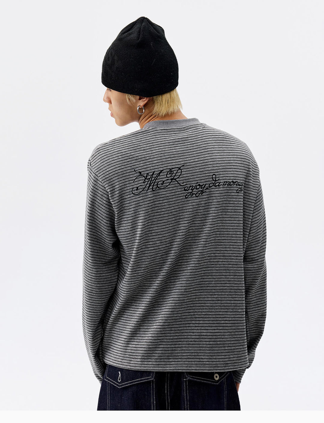 MEDM Rose Embroidered Striped Henley Long Sleeve Tee | Face 3 Face